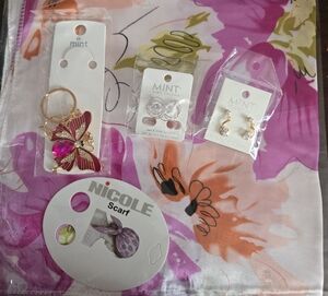Nicole Pink and Purple Floral Scarf with Butterfly Keychain and Earrings